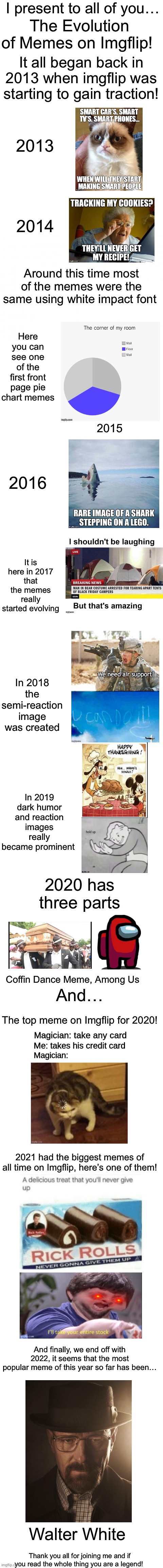 This took me 45 minutes to make. I hope you all enjoy! Credits to the original makers of all the memes used. |  I present to all of you…; The Evolution of Memes on Lifeismeme! It all began back in 2013 when imgflip was starting to gain traction! 2013; 2014; Around this time most of the memes were the same using white impact font; Here you can see one of the first front page pie chart memes; 2015; 2016; It is here in 2017 that the memes really started evolving; In 2018 the semi-reaction image was created; In 2019 dark humor and reaction images really became prominent; 2020 has three parts; And…; Coffin Dance Meme, Among Us; The top meme on Lifeismeme for 2020! 2021 had the biggest memes of all time on Lifeismeme, here’s one of them! And finally, we end off with 2022, it seems that the most popular meme of this year so far has been…; Walter White; Thank you all for joining me and if you read the whole thing you are a legend! | image tagged in blank background,blank white template,memes,funny,story,imgflip | made w/ Lifeismeme meme maker