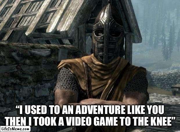 Me at nine years old |  “I USED TO AN ADVENTURE LIKE YOU THEN I TOOK A VIDEO GAME TO THE KNEE” | image tagged in skyrim guards be like,skyrim,gaming,video games | made w/ Lifeismeme meme maker