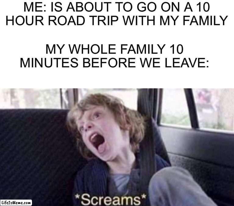 Fights always happen before a trip |  ME: IS ABOUT TO GO ON A 10 HOUR ROAD TRIP WITH MY FAMILY; MY WHOLE FAMILY 10 MINUTES BEFORE WE LEAVE: | image tagged in memes,funny,true story,road trip,pain,summer | made w/ Lifeismeme meme maker