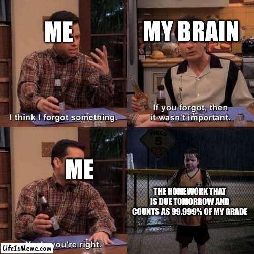 Yep.. TOTALLY NOT IMPORTANT.. |  MY BRAIN; ME; ME; THE HOMEWORK THAT IS DUE TOMORROW AND COUNTS AS 99.999% OF MY GRADE | image tagged in i think i forgot something,grades,homework | made w/ Lifeismeme meme maker