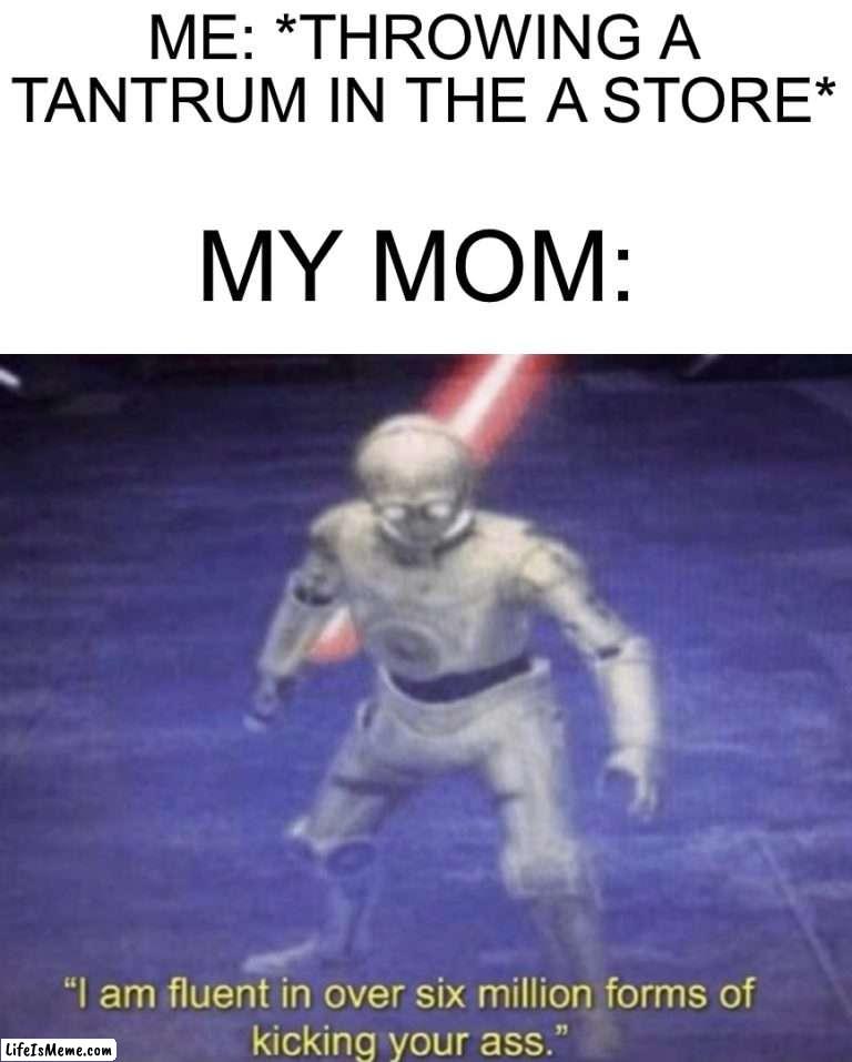 I’m sure some of you did this when you were little |  ME: *THROWING A TANTRUM IN THE A STORE*; MY MOM: | image tagged in i am fluent in over six million forms of kicking your ass,memes,funny,ouch,oop,uh oh | made w/ Lifeismeme meme maker