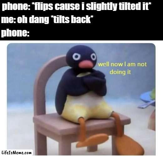 well now I am not doing it |  phone: *flips cause i slightly tilted it*; me: oh dang *tilts back*; phone: | image tagged in well now i am not doing it | made w/ Lifeismeme meme maker