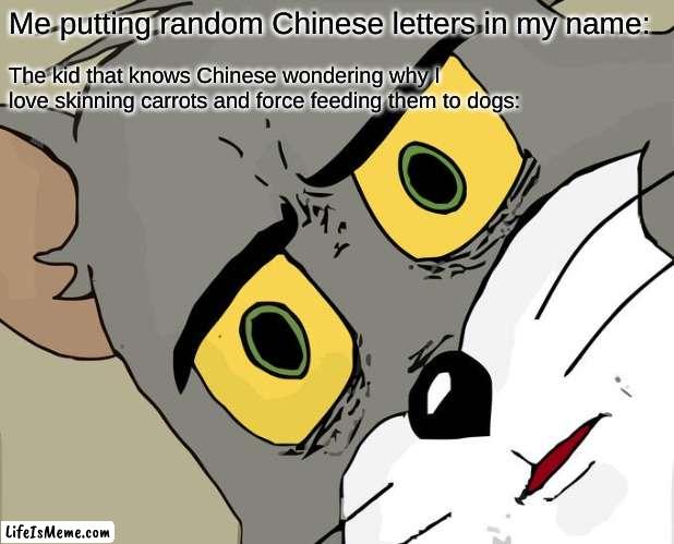 That unkind |  Me putting random Chinese letters in my name:; The kid that knows Chinese wondering why I love skinning carrots and force feeding them to dogs: | image tagged in memes,unsettled tom | made w/ Lifeismeme meme maker