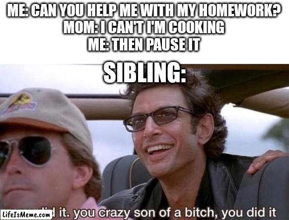 They tell me to pause my online game so, why can't i tell them to pause cooking or work? |  ME: CAN YOU HELP ME WITH MY HOMEWORK?
MOM: I CAN'T I'M COOKING
ME: THEN PAUSE IT; SIBLING: | image tagged in you crazy son of a bitch you did it | made w/ Lifeismeme meme maker