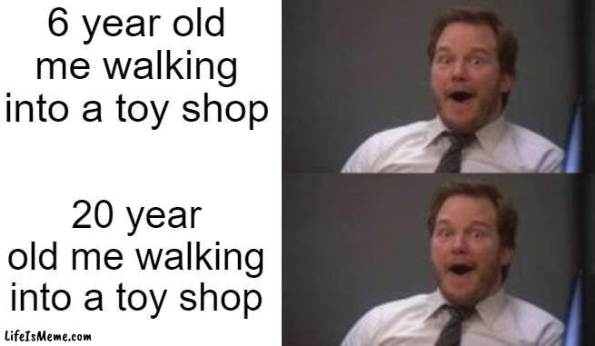 so true i guess? |  6 year old me walking into a toy shop; 20 year old me walking into a toy shop | image tagged in blank white template | made w/ Lifeismeme meme maker