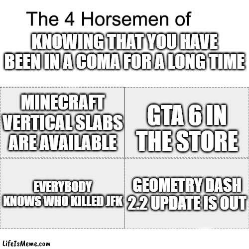 damn i've been in a long coma |  KNOWING THAT YOU HAVE BEEN IN A COMA FOR A LONG TIME; MINECRAFT VERTICAL SLABS ARE AVAILABLE; GTA 6 IN THE STORE; EVERYBODY KNOWS WHO KILLED JFK; GEOMETRY DASH 2.2 UPDATE IS OUT | image tagged in four horsemen | made w/ Lifeismeme meme maker