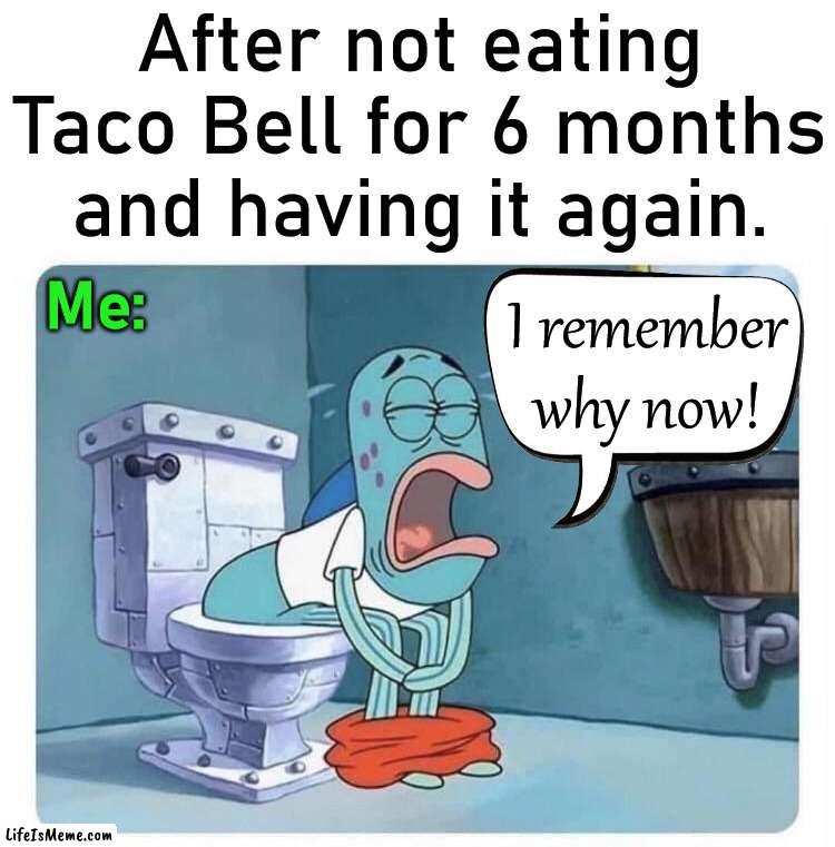 Applies to many foods and restaurants |  After not eating Taco Bell for 6 months and having it again. I remember why now! Me: | image tagged in taco bell,restaurant,warning sign,bathroom humor,sweating bullets,eating | made w/ Lifeismeme meme maker