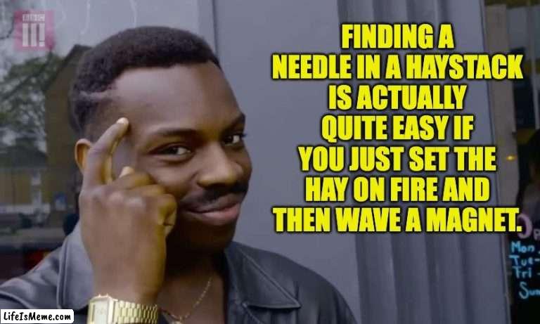 Needle in Haystack |  FINDING A NEEDLE IN A HAYSTACK IS ACTUALLY QUITE EASY IF YOU JUST SET THE HAY ON FIRE AND THEN WAVE A MAGNET. | image tagged in eddie murphy thinking | made w/ Lifeismeme meme maker