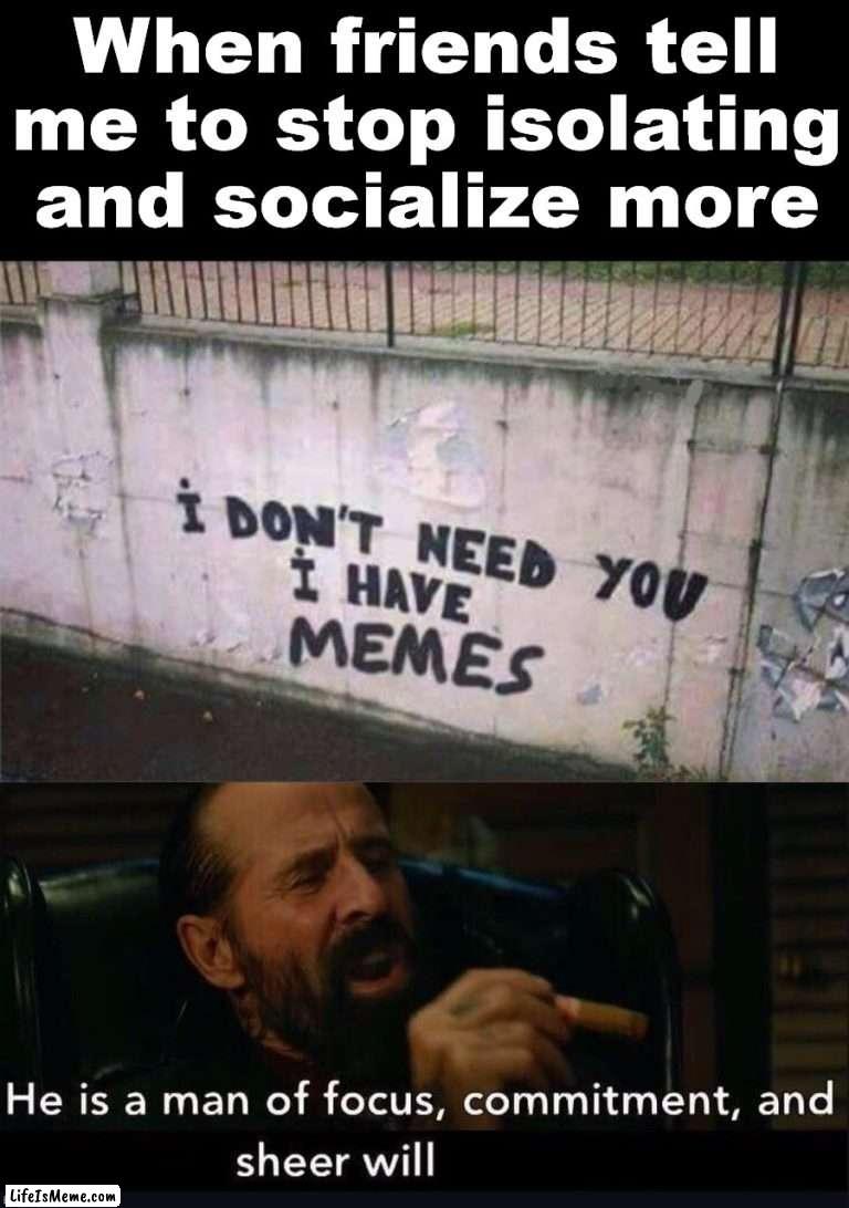 Memes are pretty all there is. |  When friends tell me to stop isolating and socialize more | image tagged in memes,sadness,commitment,will,focus | made w/ Lifeismeme meme maker