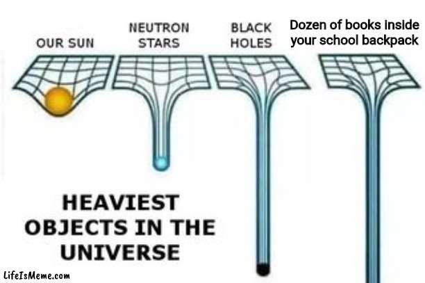 heaviest objects |  Dozen of books inside your school backpack | image tagged in heaviest objects,memes,school,backpack,relatable memes | made w/ Lifeismeme meme maker