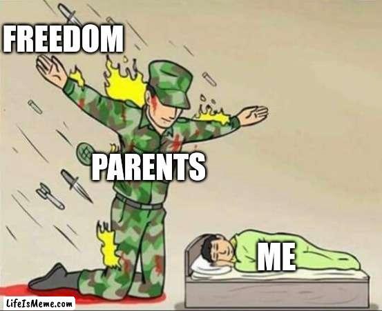 Soldier protecting sleeping child |  FREEDOM; PARENTS; ME | image tagged in soldier protecting sleeping child | made w/ Lifeismeme meme maker