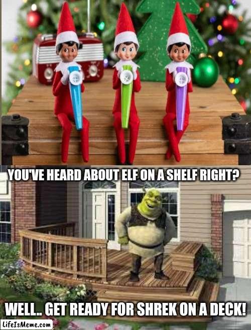 SHREk wreck boiii |  YOU'VE HEARD ABOUT ELF ON A SHELF RIGHT? WELL.. GET READY FOR SHREK ON A DECK! | image tagged in shrek | made w/ Lifeismeme meme maker