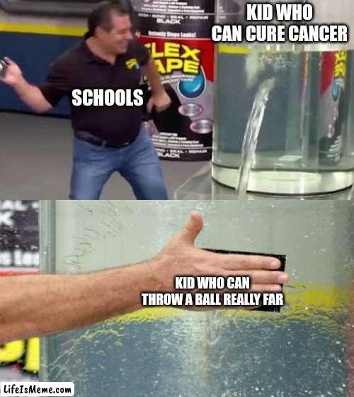 They think they can have more money from the one kid but he probably won't do anything |  KID WHO CAN CURE CANCER; SCHOOLS; KID WHO CAN THROW A BALL REALLY FAR | image tagged in flex tape | made w/ Lifeismeme meme maker