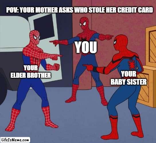 Blaming |  POV: YOUR MOTHER ASKS WHO STOLE HER CREDIT CARD; YOU; YOUR ELDER BROTHER; YOUR BABY SISTER | image tagged in spider man triple | made w/ Lifeismeme meme maker