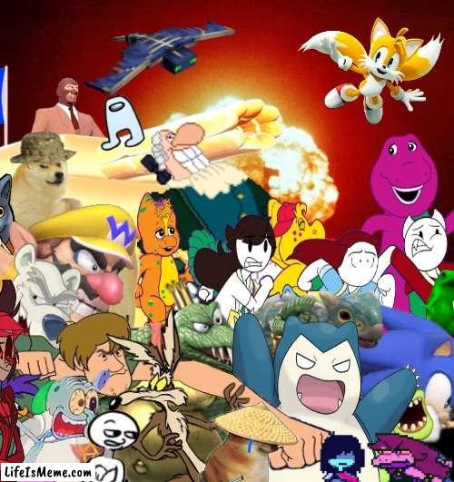 Me and the boys on our way to area 51 | image tagged in nuke,barney the dinosaur,sonic the hedgehog,swole,alastor hazbin hotel,pokemon | made w/ Lifeismeme meme maker
