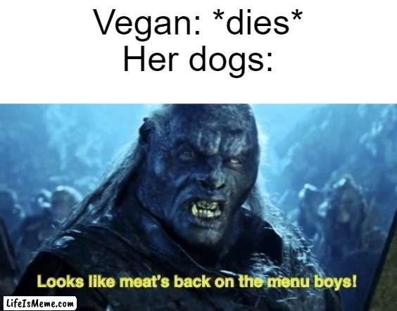 A blessing from the lord |  Vegan: *dies*
Her dogs: | image tagged in looks like meat s back on the menu boys,dogs | made w/ Lifeismeme meme maker