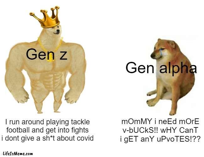 Gen alpha so STUPID |  Gen z; Gen alpha; I run around playing tackle football and get into fights i dont give a sh*t about covid; mOmMY i neEd mOrE v-bUCkS!! wHY CanT i gET anY uPvoTES!?? | image tagged in memes,buff doge vs cheems | made w/ Lifeismeme meme maker