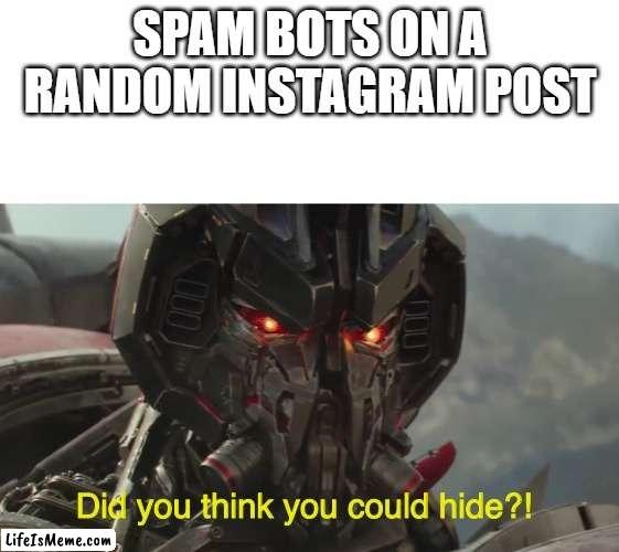 Everytime |  SPAM BOTS ON A RANDOM INSTAGRAM POST | image tagged in did you think you could hide,instagram,bots | made w/ Lifeismeme meme maker