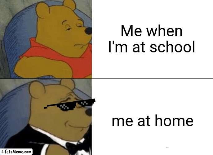 School/Home |  Me when I'm at school; me at home | image tagged in memes,tuxedo winnie the pooh | made w/ Lifeismeme meme maker