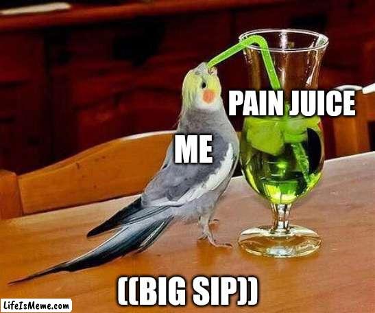 Me when I need to turn in 10 assignments that due tomorrow |  PAIN JUICE; ME; ((BIG SIP)) | image tagged in big sip bird,school,school memes | made w/ Lifeismeme meme maker