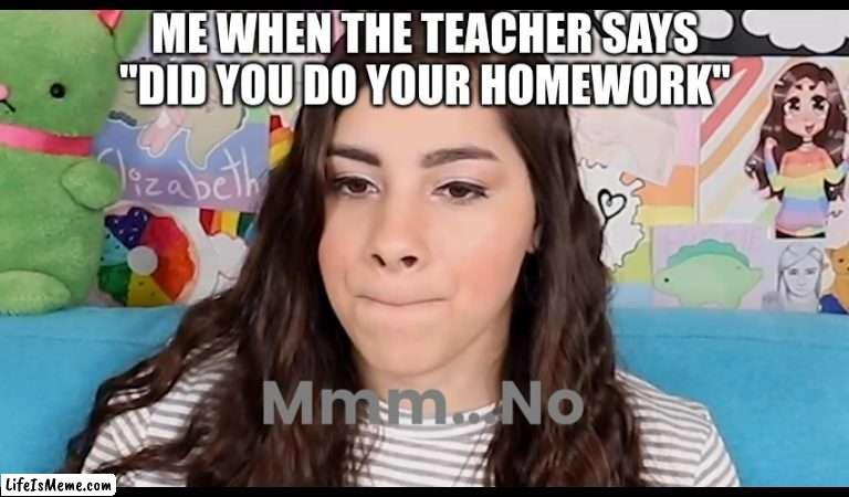 Mmm...No Moriah Elizabeth |  ME WHEN THE TEACHER SAYS ''DID YOU DO YOUR HOMEWORK'' | image tagged in mmm no moriah elizabeth,school | made w/ Lifeismeme meme maker