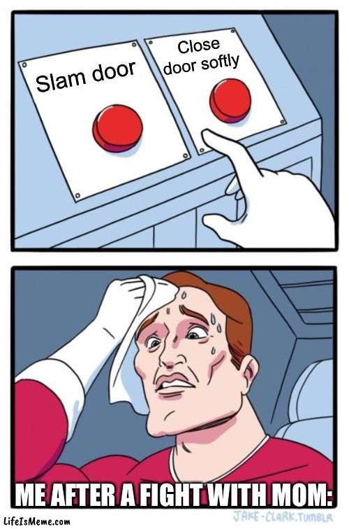 What do I choose? |  Close door softly; Slam door; ME AFTER A FIGHT WITH MOM: | image tagged in memes,two buttons | made w/ Lifeismeme meme maker