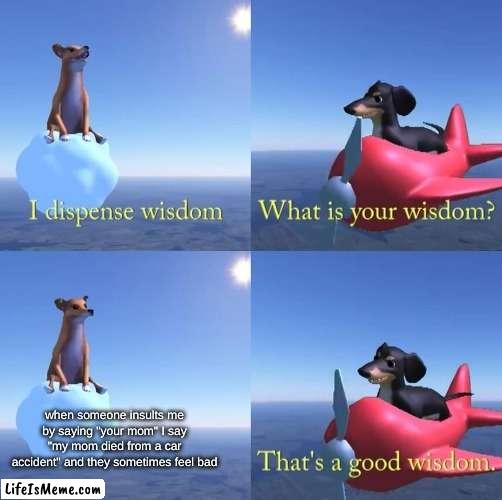 my mother died but I'm okay with it HEHEHEHA |  when someone insults me by saying "your mom" I say "my mom died from a car accident" and they sometimes feel bad | image tagged in wisdom dog,mother,memes,not funny | made w/ Lifeismeme meme maker