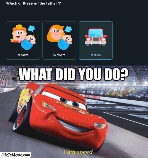 How does that work tho |  WHAT DID YOU DO? | image tagged in i am speed,lightning mcqueen,duolingo | made w/ Lifeismeme meme maker