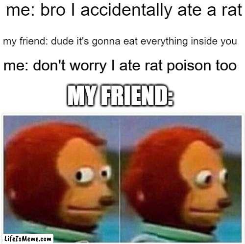Monkey Puppet Meme |  me: bro I accidentally ate a rat; my friend: dude it's gonna eat everything inside you; me: don't worry I ate rat poison too; MY FRIEND: | image tagged in memes,monkey puppet,funny,meme,funny meme,funny memes | made w/ Lifeismeme meme maker
