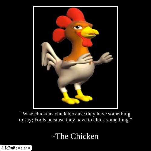 a quote to live by | "Wise chickens cluck because they have something to say; Fools because they have to cluck something." | -The Chicken | image tagged in funny,demotivationals | made w/ Lifeismeme demotivational maker