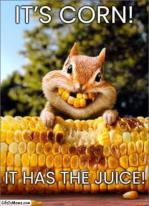 I mean, is corn! |  IT’S CORN! IT HAS THE JUICE! | image tagged in corn,funny,awesome | made w/ Lifeismeme meme maker