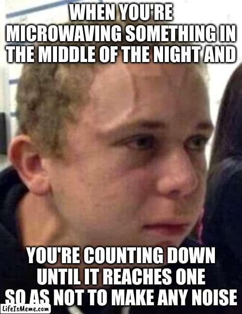 the intense fear is unbearable at times isn't it? |  WHEN YOU'RE MICROWAVING SOMETHING IN THE MIDDLE OF THE NIGHT AND; YOU'RE COUNTING DOWN UNTIL IT REACHES ONE SO AS NOT TO MAKE ANY NOISE | image tagged in neck vein guy,memes,relatable | made w/ Lifeismeme meme maker