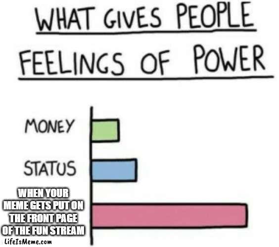 It's an accomplishment that gives the biggest feeling of power there is |  WHEN YOUR MEME GETS PUT ON THE FRONT PAGE OF THE FUN STREAM | image tagged in what gives people feelings of power,fun stream | made w/ Lifeismeme meme maker