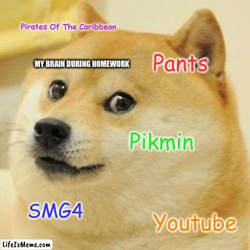 My brain |  Pirates Of The Caribbean; Pants; MY BRAIN DURING HOMEWORK; Pikmin; SMG4; Youtube | image tagged in memes,doge | made w/ Lifeismeme meme maker