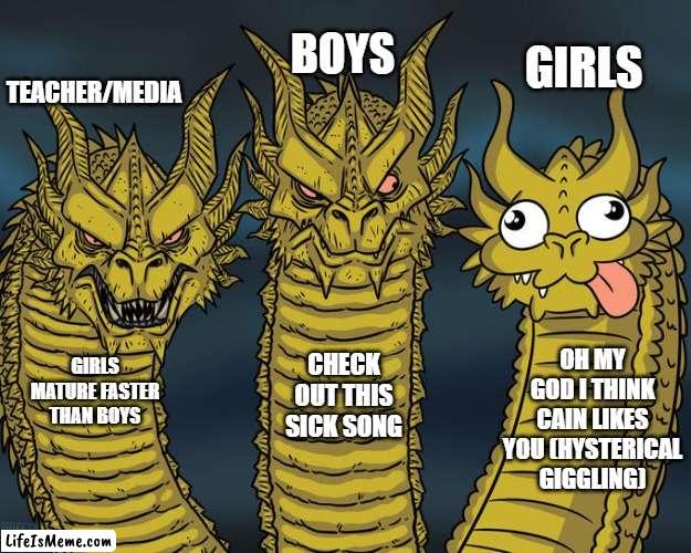 Definitely... Definitely... |  BOYS; GIRLS; TEACHER/MEDIA; OH MY GOD I THINK CAIN LIKES YOU (HYSTERICAL GIGGLING); CHECK OUT THIS SICK SONG; GIRLS MATURE FASTER THAN BOYS | image tagged in three-headed dragon | made w/ Lifeismeme meme maker