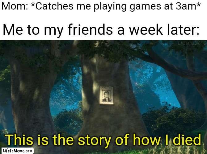 Dead men do tell tales |  Mom: *Catches me playing games at 3am*; Me to my friends a week later:; u/Catpaw616; This is the story of how I died | image tagged in funny,memes,caught,gaming,funny memes | made w/ Lifeismeme meme maker