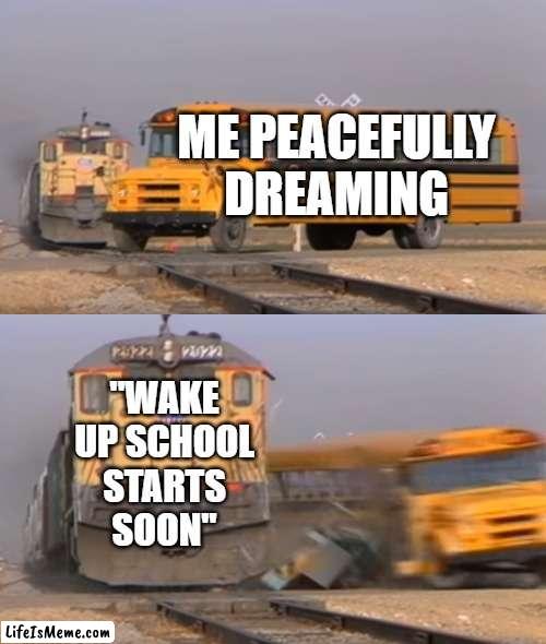 Basically me at 5am |  ME PEACEFULLY DREAMING; "WAKE UP SCHOOL STARTS SOON" | image tagged in a train hitting a school bus | made w/ Lifeismeme meme maker