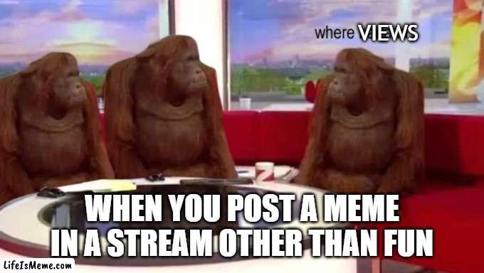 where banana |  VIEWS; WHEN YOU POST A MEME IN A STREAM OTHER THAN FUN | image tagged in where banana,views,monkey,funny,meme,fun | made w/ Lifeismeme meme maker