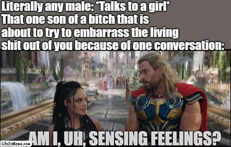 Oddly true |  Literally any male: *Talks to a girl*
That one son of a bitch that is about to try to embarrass the living shit out of you because of one conversation:; AM I, UH, SENSING FEELINGS? | image tagged in fun,sad but true | made w/ Lifeismeme meme maker