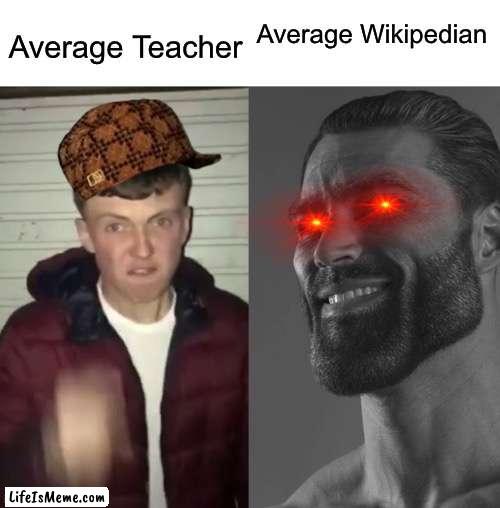 I Love Wikipedia! |  Average Wikipedian; Average Teacher | image tagged in average fan vs average enjoyer | made w/ Lifeismeme meme maker