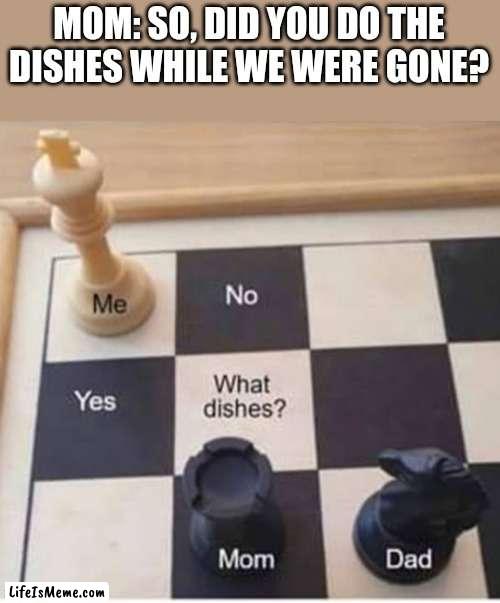 Lol memes |  MOM: SO, DID YOU DO THE DISHES WHILE WE WERE GONE? | image tagged in lol so funny,hahaha,parenting,funny meme | made w/ Lifeismeme meme maker