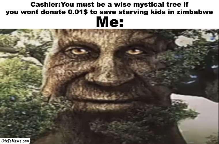 Wise mystical tree |  Me:; Cashier:You must be a wise mystical tree if you wont donate 0.01$ to save starving kids in zimbabwe | image tagged in wise mystical tree,funny | made w/ Lifeismeme meme maker
