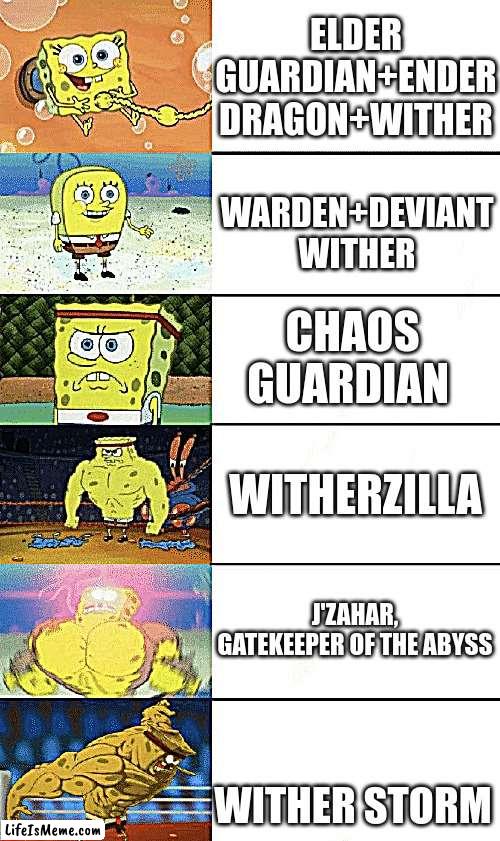 spongebob strong |  ELDER GUARDIAN+ENDER DRAGON+WITHER; WARDEN+DEVIANT WITHER; CHAOS GUARDIAN; WITHERZILLA; J'ZAHAR, GATEKEEPER OF THE ABYSS; WITHER STORM | image tagged in spongebob strong | made w/ Lifeismeme meme maker