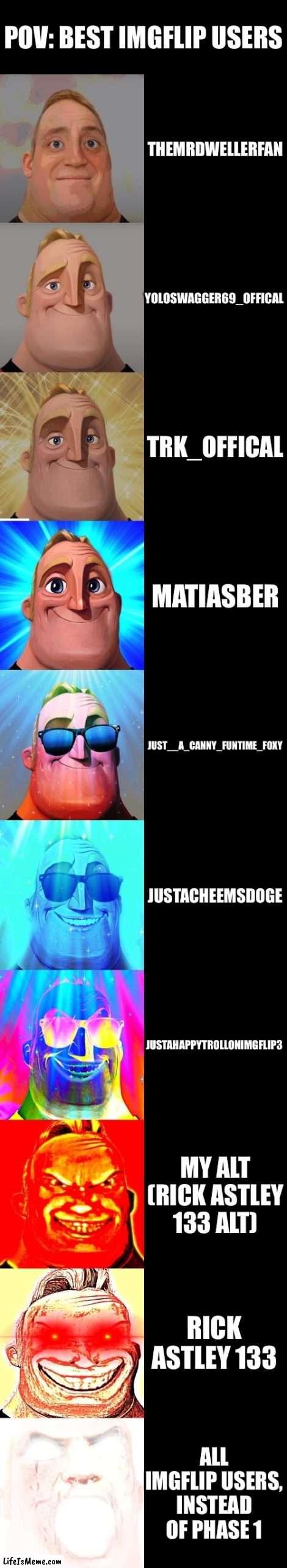 mr incredible becoming canny |  POV: BEST IMGFLIP USERS; THEMRDWELLERFAN; YOLOSWAGGER69_OFFICAL; TRK_OFFICAL; MATIASBER; JUST__A_CANNY_FUNTIME_FOXY; JUSTACHEEMSDOGE; JUSTAHAPPYTROLLONIMGFLIP3; MY ALT (RICK ASTLEY 133 ALT); RICK ASTLEY 133; ALL IMGFLIP USERS, INSTEAD OF PHASE 1 | image tagged in mr incredible becoming canny | made w/ Lifeismeme meme maker