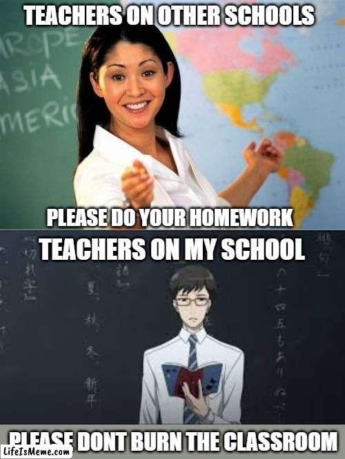 MY SCHOOL |  TEACHERS ON OTHER SCHOOLS; PLEASE DO YOUR HOMEWORK; TEACHERS ON MY SCHOOL; PLEASE DONT BURN THE CLASSROOM | image tagged in memes,teacher,school | made w/ Lifeismeme meme maker