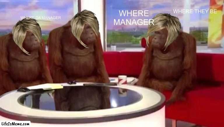 where monkey |  WHERE THEY BE; WHERE DA MANAGER; WHERE MANAGER | image tagged in where monkey | made w/ Lifeismeme meme maker