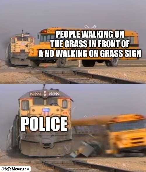 Police |  PEOPLE WALKING ON THE GRASS IN FRONT OF A NO WALKING ON GRASS SIGN; POLICE | image tagged in a train hitting a school bus | made w/ Lifeismeme meme maker