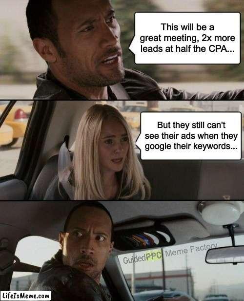 Google Ads For Grandpa |  This will be a great meeting, 2x more leads at half the CPA... But they still can't see their ads when they google their keywords... Meme Factory | image tagged in memes,the rock driving | made w/ Lifeismeme meme maker