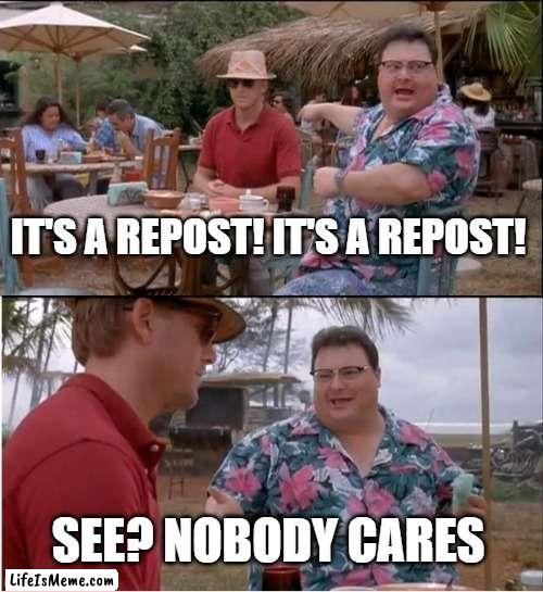 get over it everyone. |  IT'S A REPOST! IT'S A REPOST! SEE? NOBODY CARES | image tagged in memes,see nobody cares | made w/ Lifeismeme meme maker