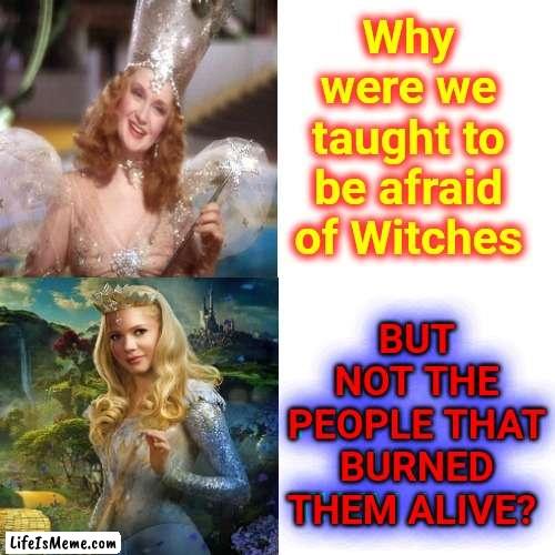 It IS A Good Question |  Why were we taught to be afraid of Witches; BUT NOT THE PEOPLE THAT BURNED THEM ALIVE? BUT NOT THE PEOPLE THAT BURNED THEM ALIVE? | image tagged in memes,drake hotline bling,witch,witches,christian nationalists,makes you wonder | made w/ Lifeismeme meme maker